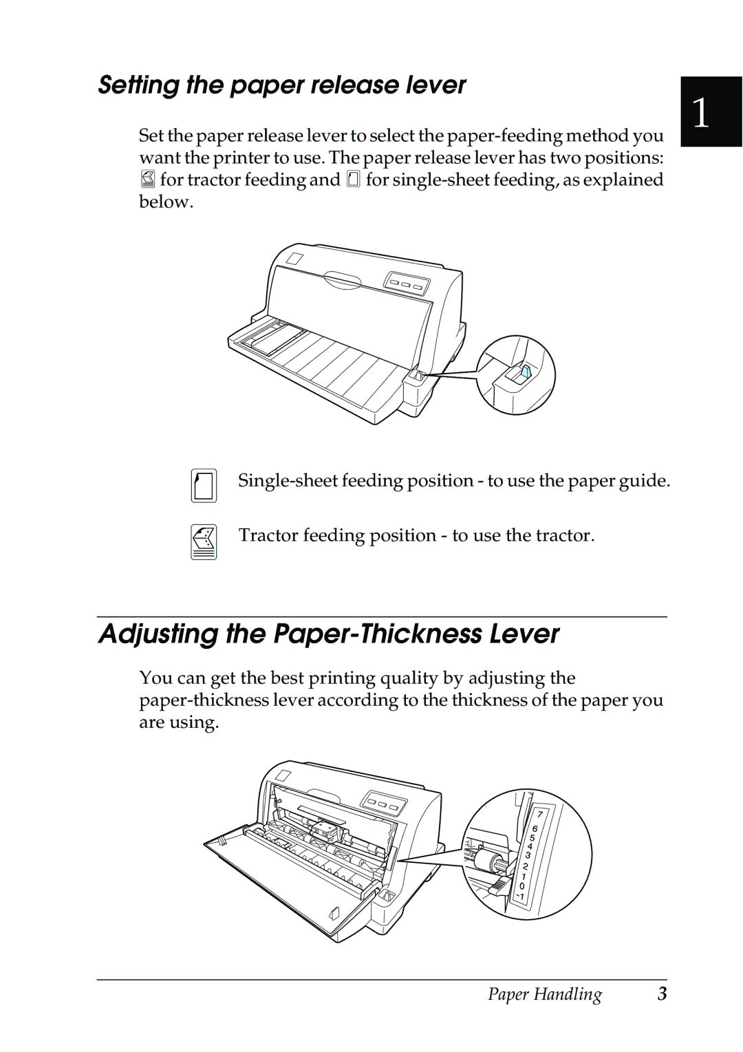 Epson 630S manual Adjusting the Paper-Thickness Lever, Setting the paper release lever 