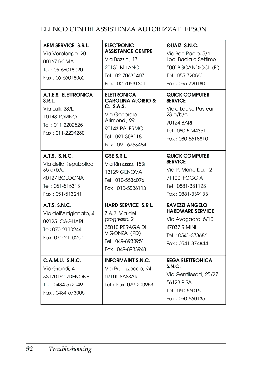 Epson 630S manual Elenco Centri Assistenza Autorizzati Epson 