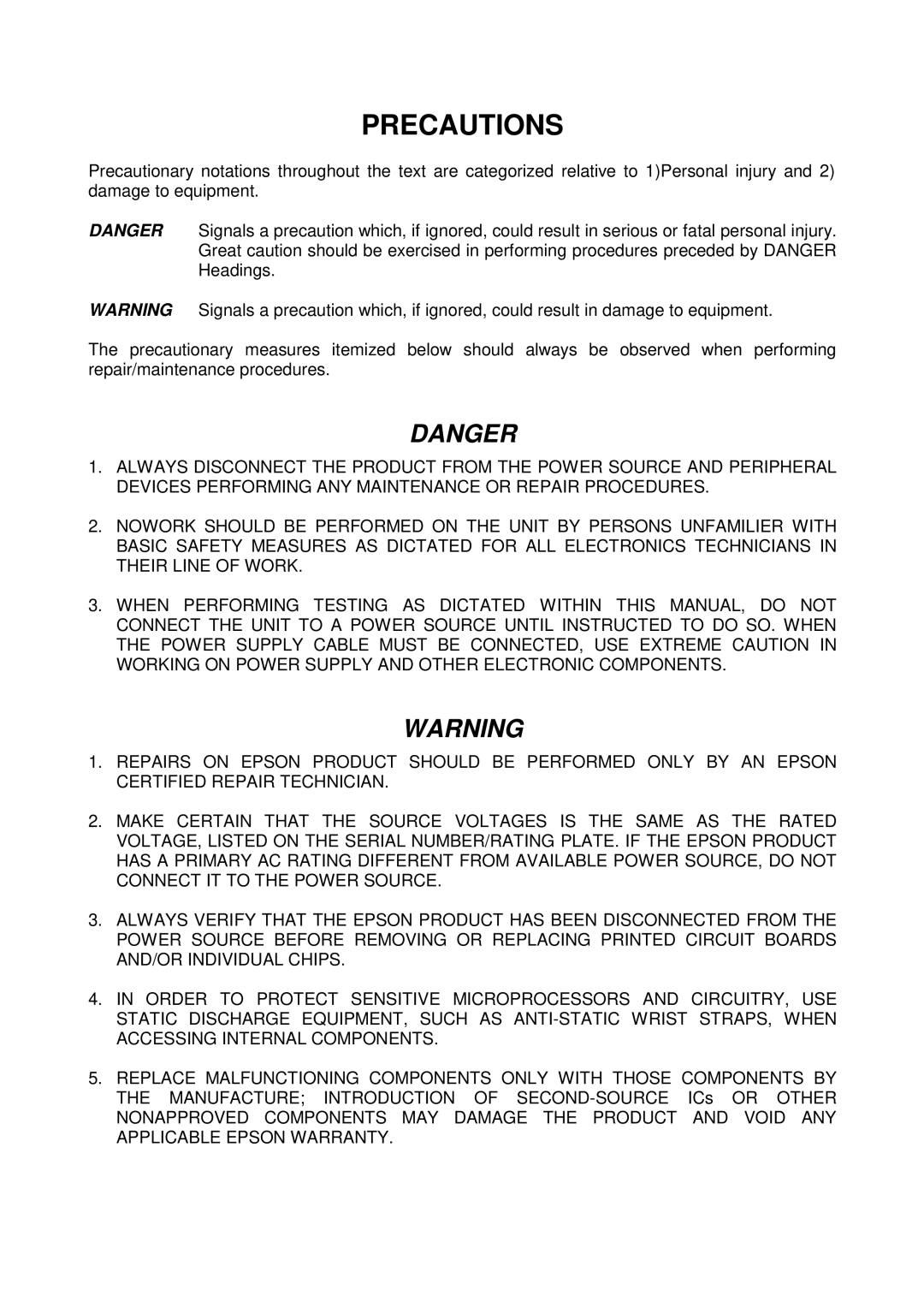 Epson EX, 700 manual Precautions, Danger 