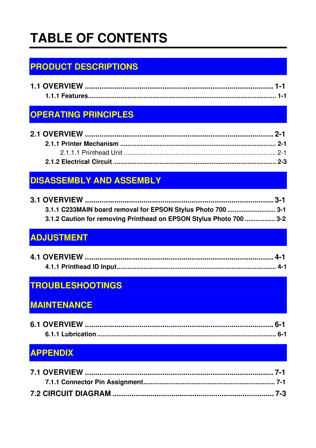 Epson 700, EX manual Table of Contents 