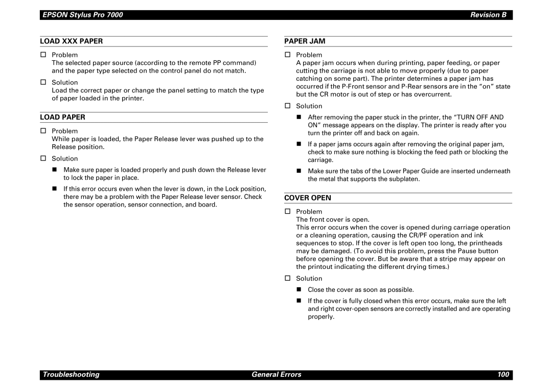 Epson 7000 service manual Load XXX Paper, Load Paper, Paper JAM, Cover Open 