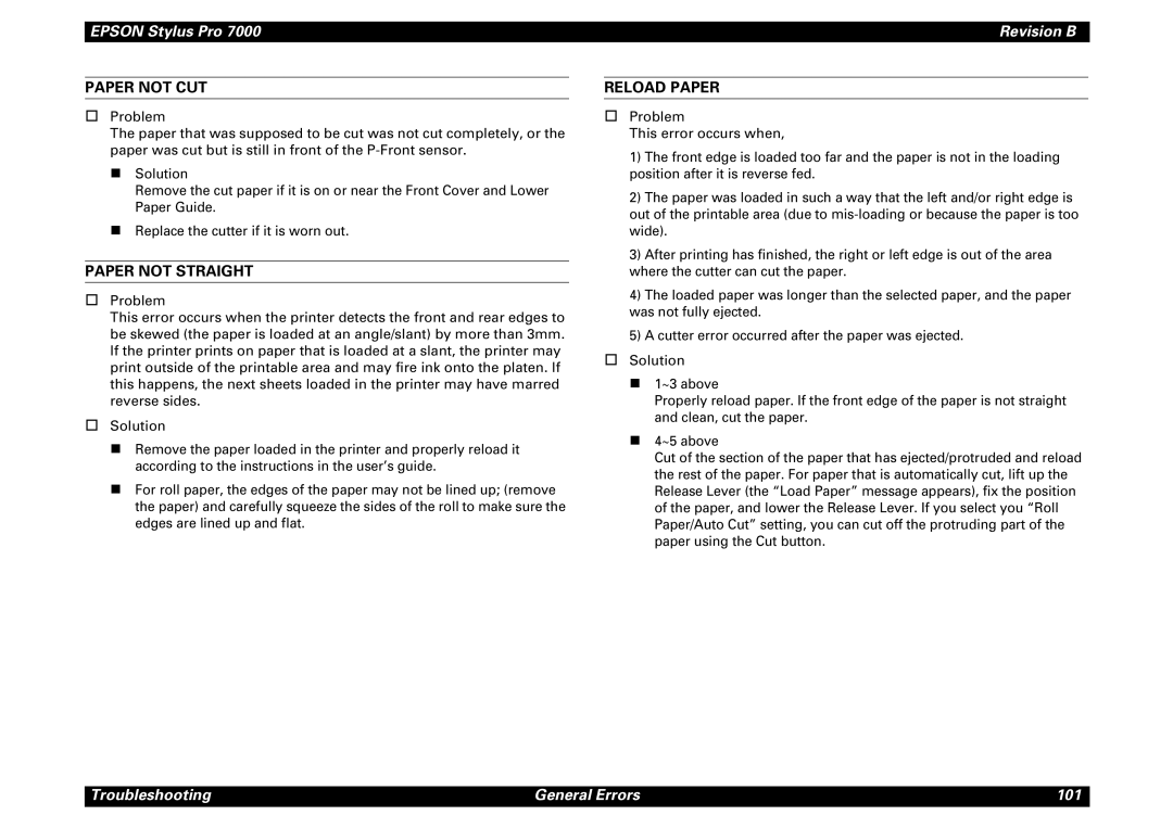 Epson 7000 service manual Paper not CUT, Paper not Straight, Reload Paper 