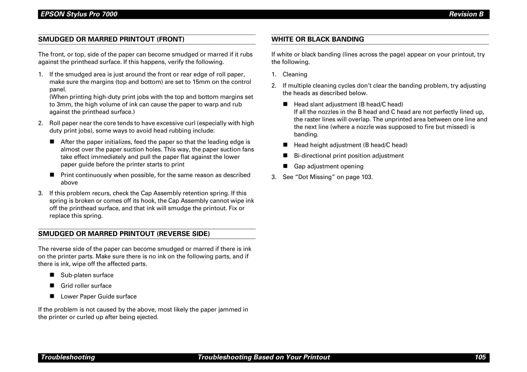 Epson 7000 service manual Smudged or Marred Printout Front, Smudged or Marred Printout Reverse Side, White or Black Banding 