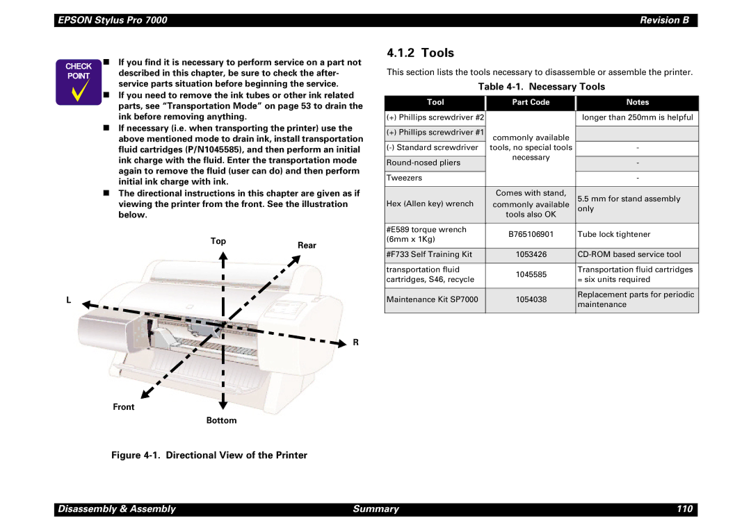 Epson 7000 service manual Necessary Tools, Front Bottom, Tool Part Code 