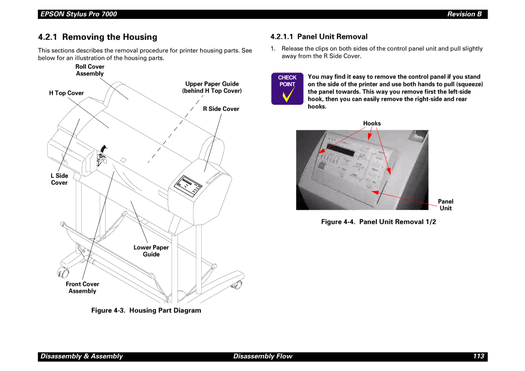 Epson 7000 service manual Removing the Housing, Panel Unit Removal 