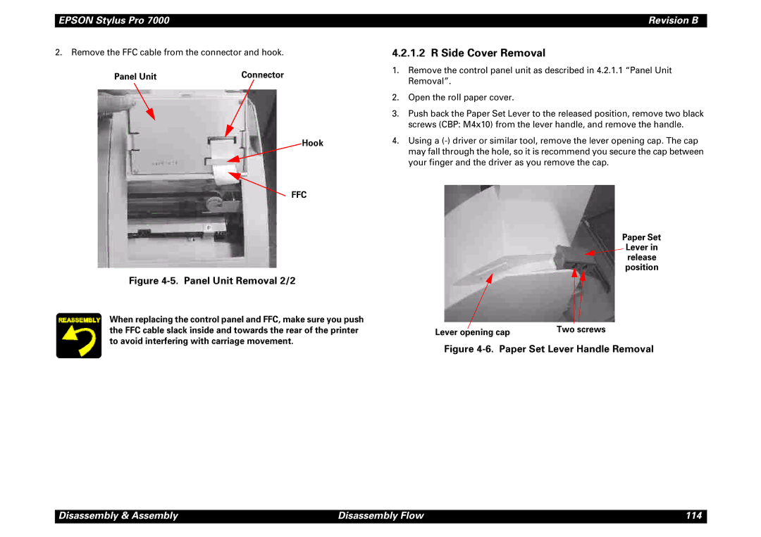 Epson 7000 service manual Side Cover Removal, Panel Unit, Hook, Lever opening cap 