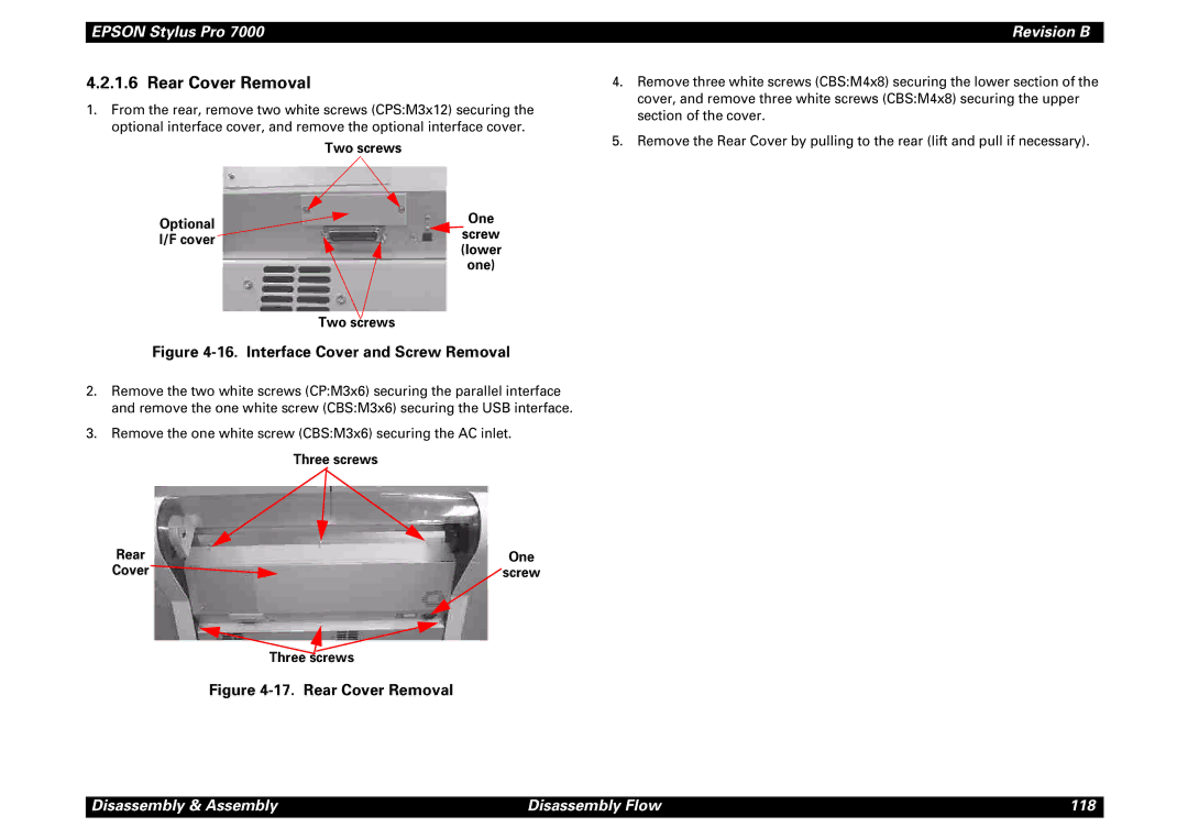 Epson 7000 service manual Rear Cover Removal, Two screws Optional 