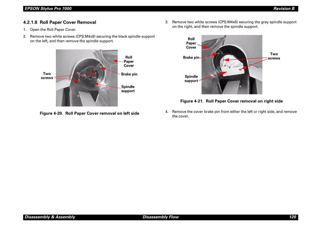 Epson 7000 service manual Roll Paper Cover Removal, Roll Paper Cover Two, Spindle support, Roll Paper Cover Brake pin 