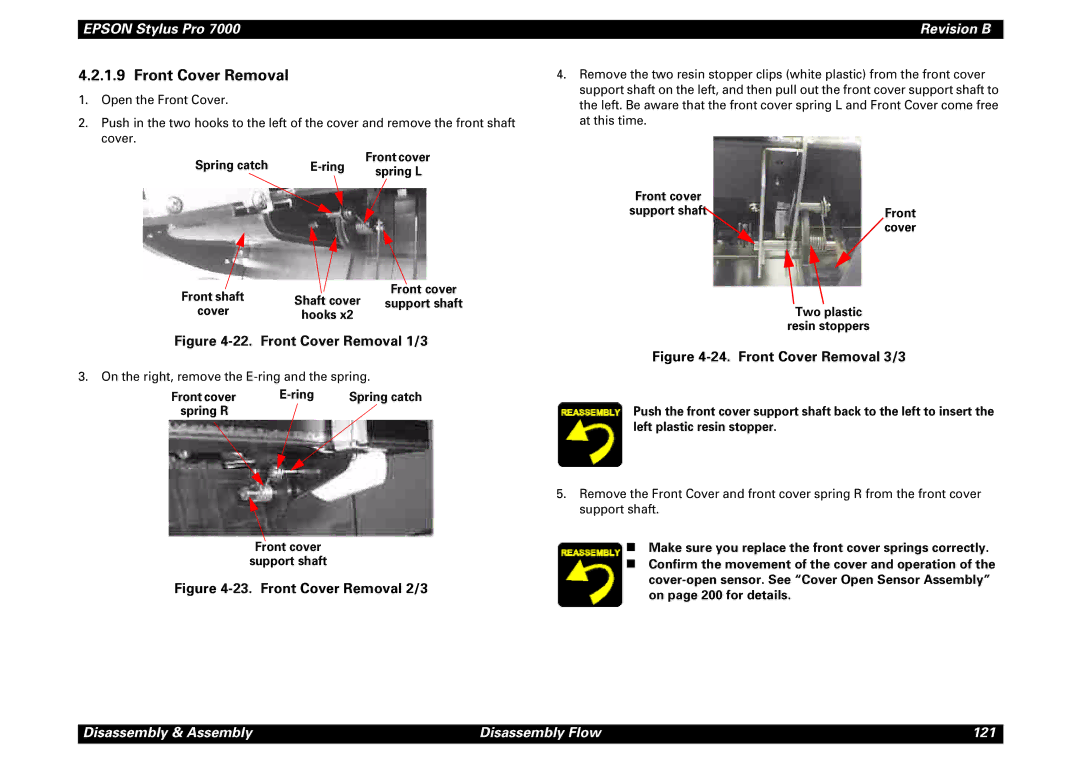 Epson 7000 service manual Front Cover Removal, Spring catch Ring, Front cover Support shaft 