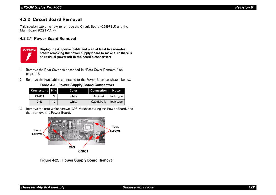 Epson 7000 service manual Circuit Board Removal, Power Board Removal, Power Supply Board Connectors, CN001 