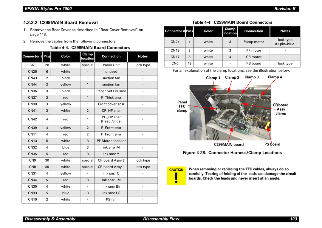 Epson 7000 2.2 C299MAIN Board Removal, C299MAIN Board Connectors, Clamp 1 Clamp 2 Clamp, Assy, C299MAIN boardPS board 
