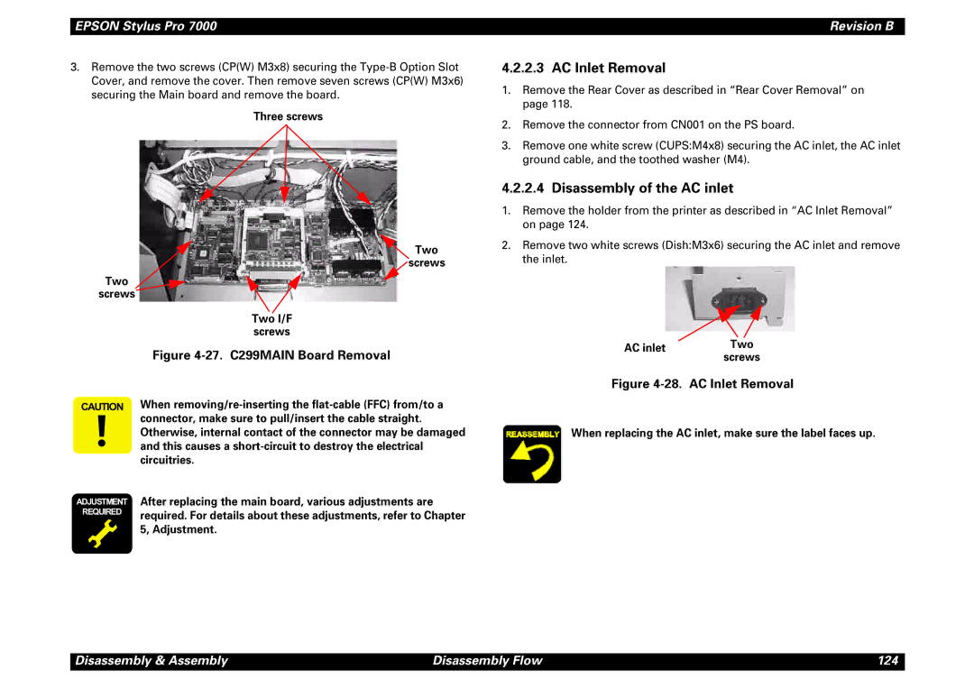 Epson 7000 service manual AC Inlet Removal, Disassembly of the AC inlet 