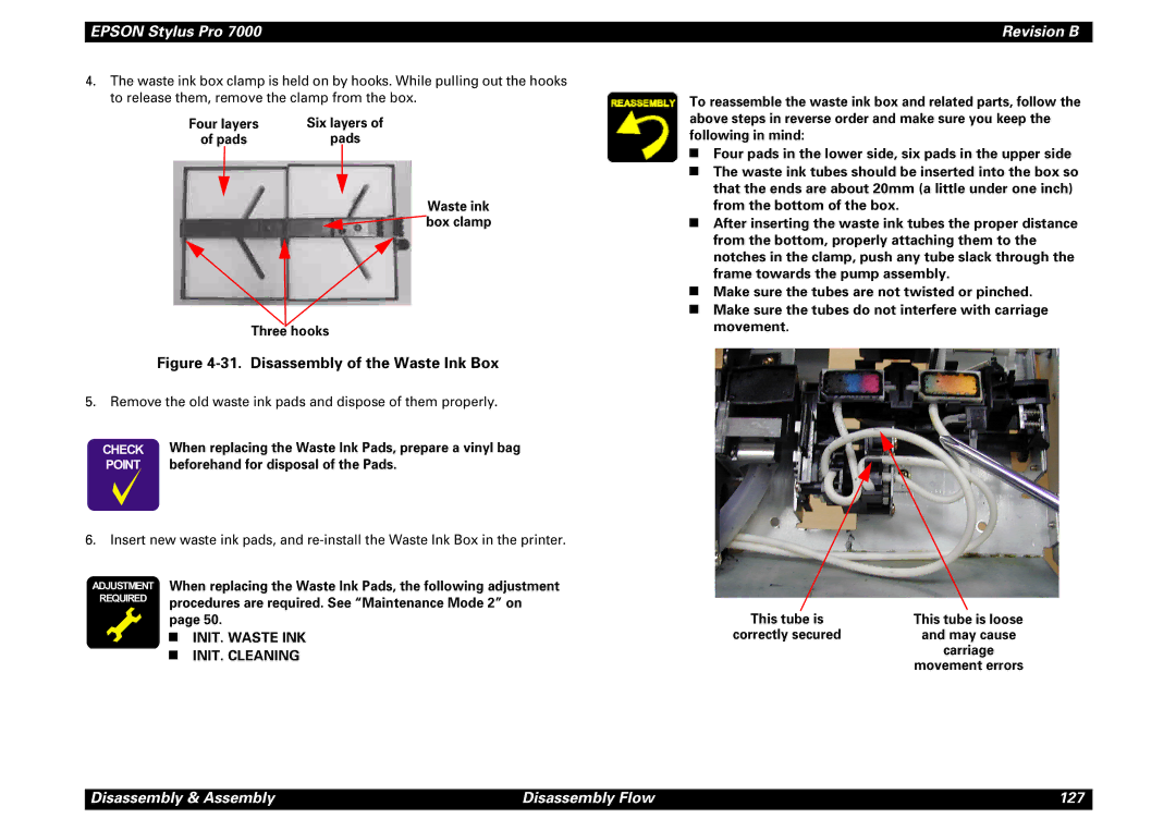 Epson 7000 service manual Disassembly of the Waste Ink Box, Waste ink Box clamp Three hooks 