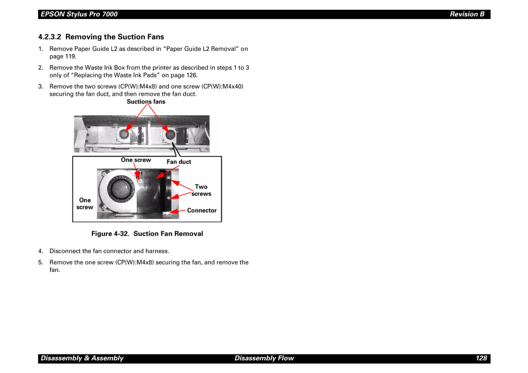 Epson 7000 service manual Removing the Suction Fans, Suctions fans One screw Fan duct Two 