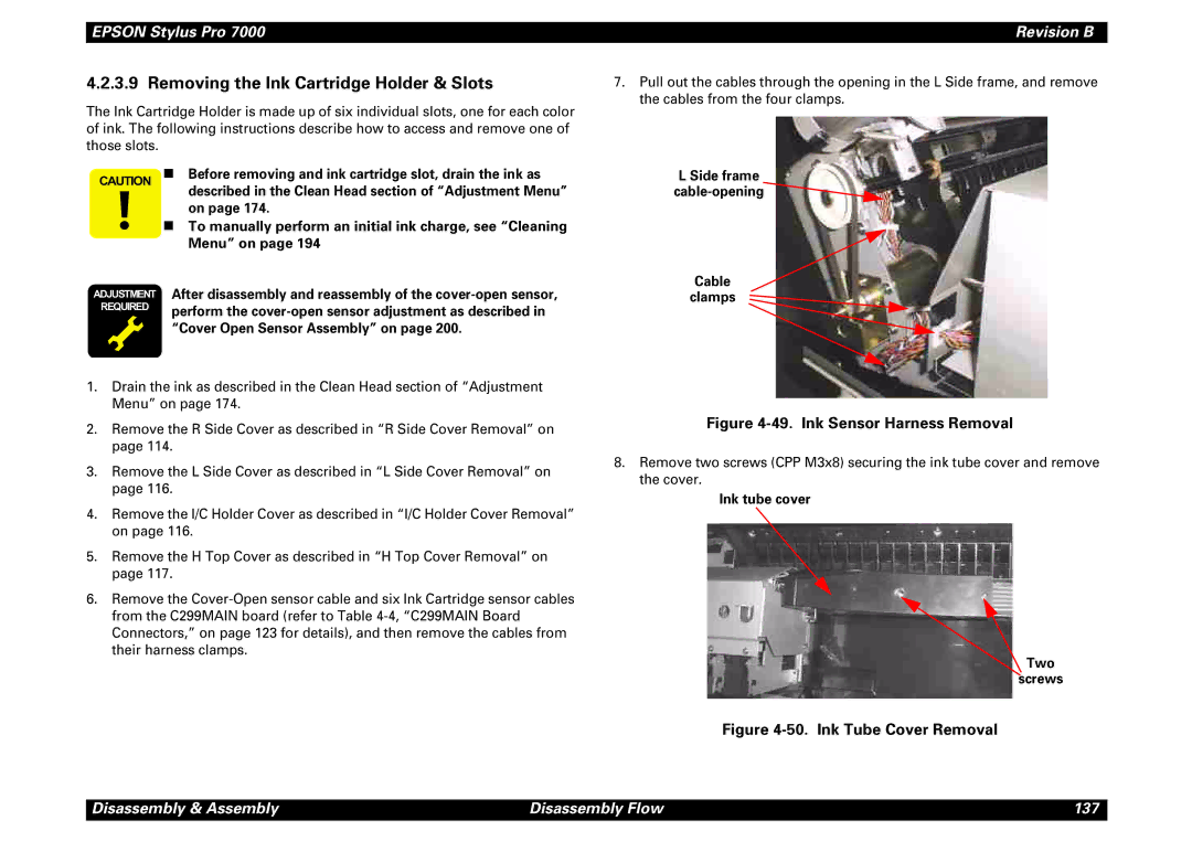 Epson 7000 Removing the Ink Cartridge Holder & Slots, „ Before removing and ink cartridge slot, drain the ink as 