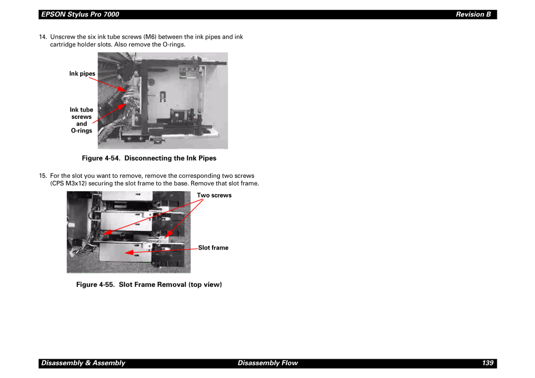 Epson 7000 service manual Ink pipes, Two screws Slot frame 