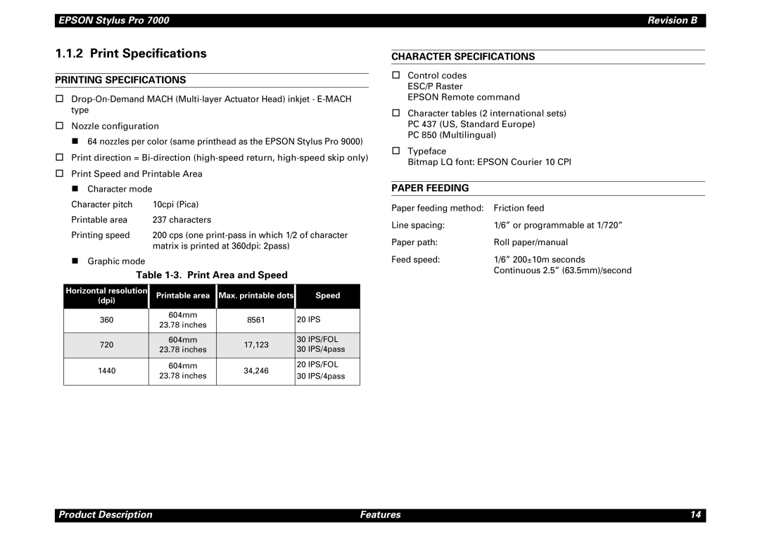 Epson 7000 Print Specifications, Printing Specifications, Print Area and Speed, Character Specifications, Paper Feeding 