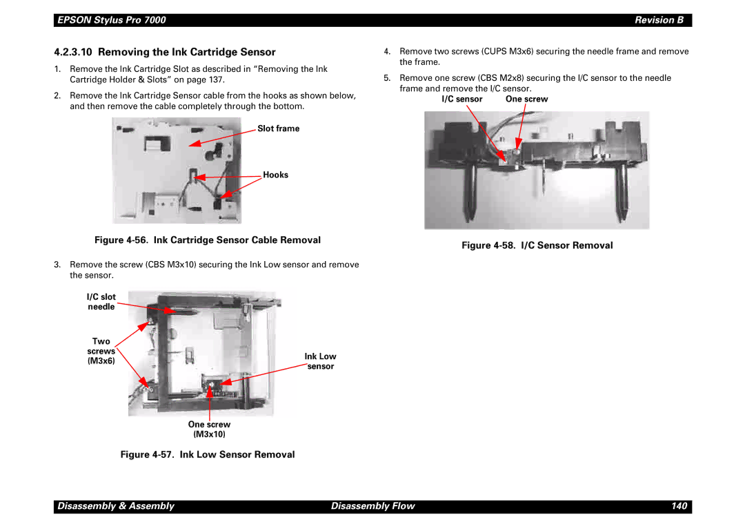 Epson 7000 Removing the Ink Cartridge Sensor, Slot frame Hooks, Slot needle Two Screws M3x6Ink Low Sensor One screw M3x10 