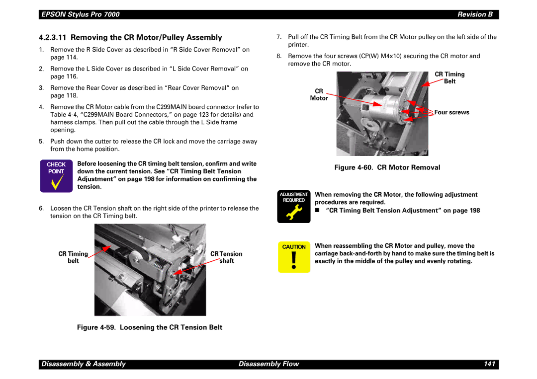 Epson 7000 service manual Removing the CR Motor/Pulley Assembly, CR Timing Belt Motor Four screws, Belt Shaft 