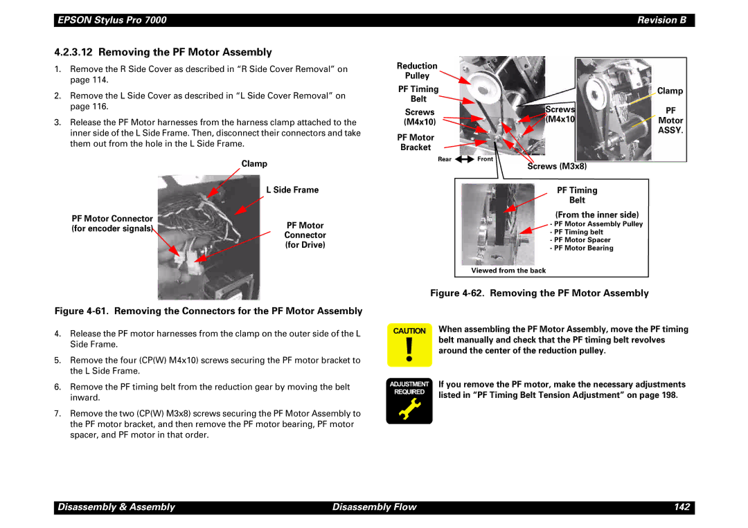 Epson 7000 service manual Removing the PF Motor Assembly, Reduction Pulley PF Timing, Screws M4x10 Motor PF Motor, Bracket 