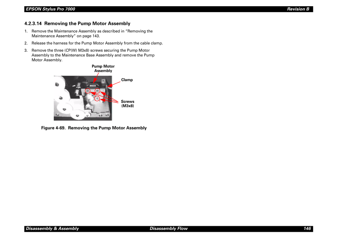 Epson 7000 service manual Removing the Pump Motor Assembly, Pump Motor Assembly Clamp Screws M3x8 