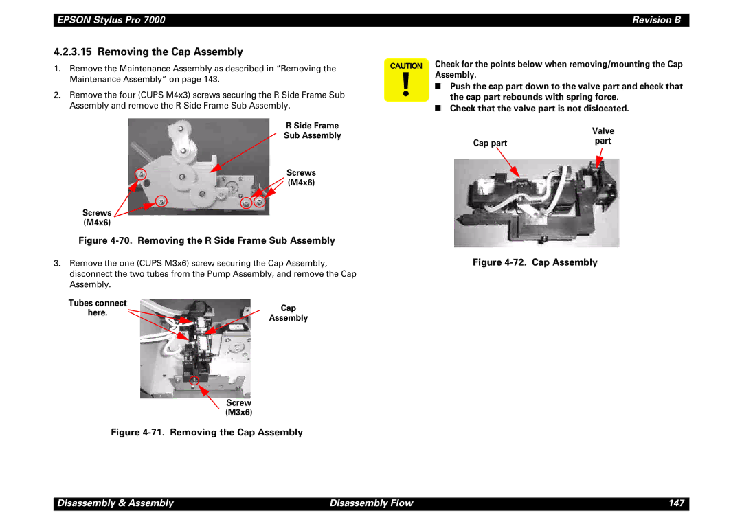 Epson 7000 service manual Removing the Cap Assembly, Cap part, Assembly Tubes connect, Here, Screw M3x6 