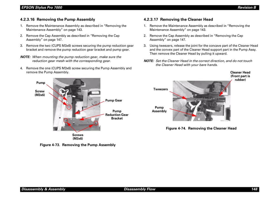 Epson 7000 service manual Removing the Pump Assembly, Removing the Cleaner Head, Tweezers Pump Assembly 