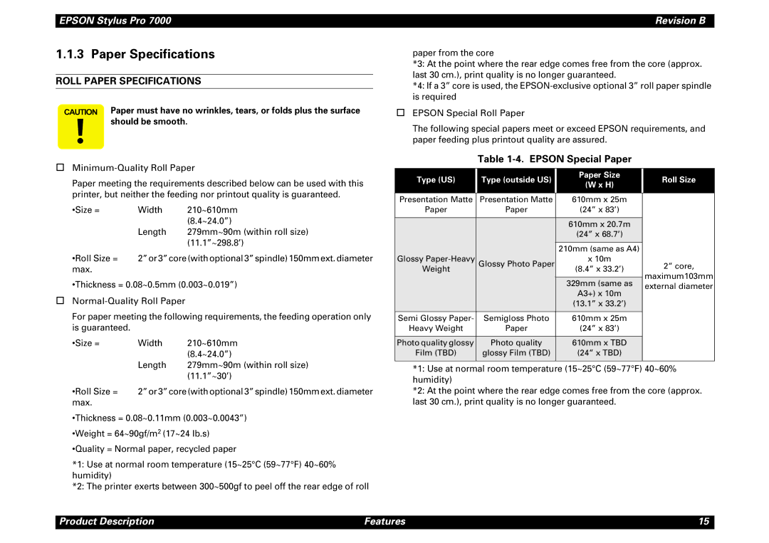 Epson 7000 service manual Roll Paper Specifications, Epson Special Paper, Should be smooth 