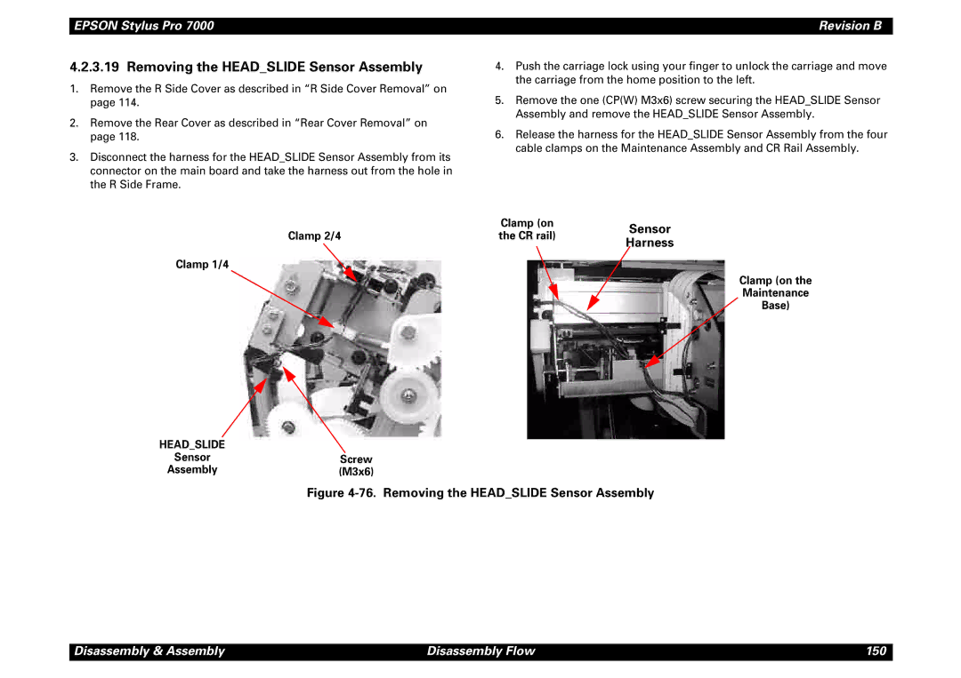 Epson 7000 service manual Removing the Headslide Sensor Assembly, Clamp 2/4 Clamp 1/4, Harness, Clamp on Maintenance Base 