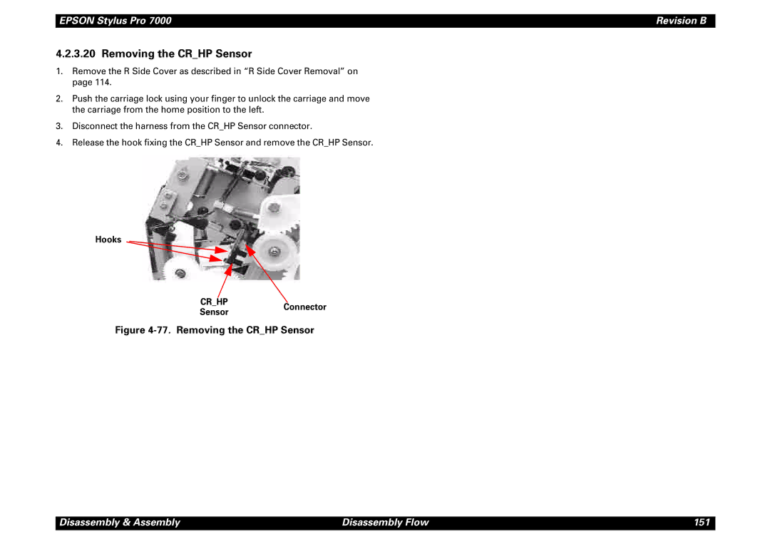 Epson 7000 service manual Removing the Crhp Sensor, SensorConnector 