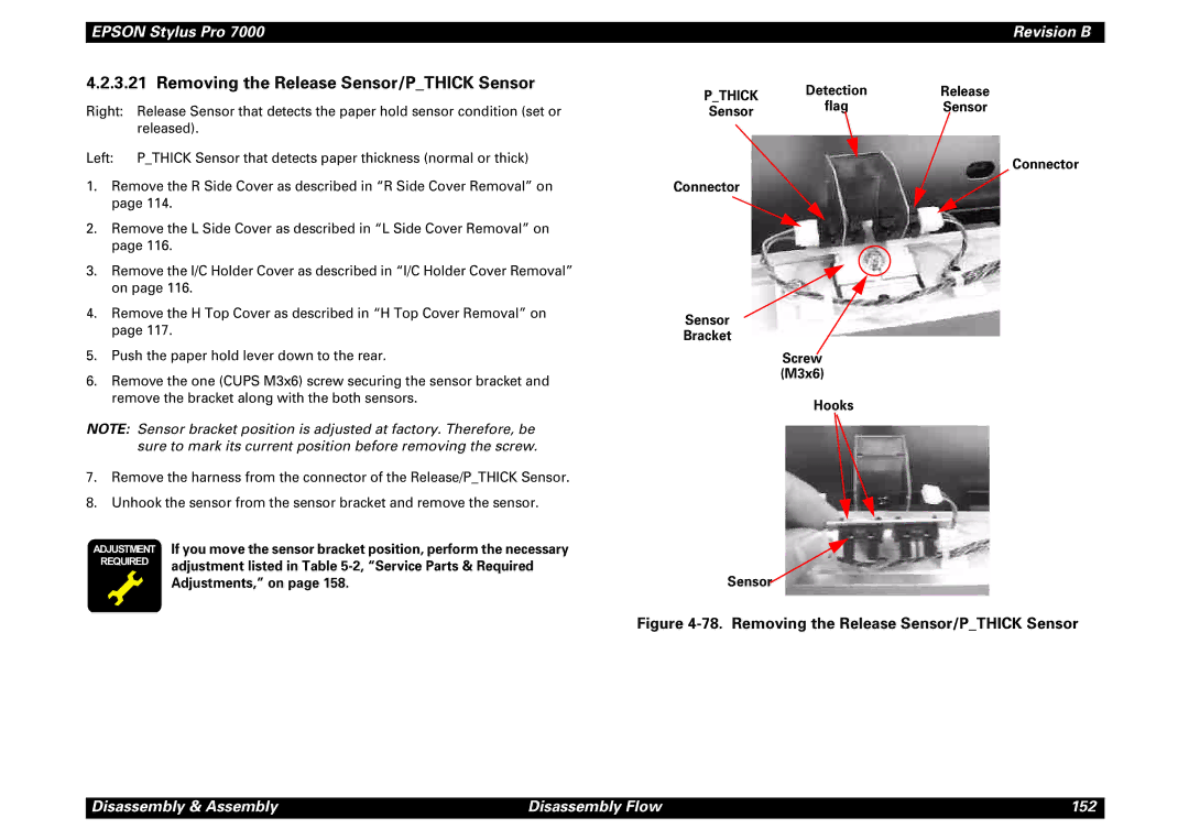 Epson 7000 service manual Removing the Release Sensor/PTHICK Sensor, Connector Sensor Bracket Screw M3x6 Hooks 