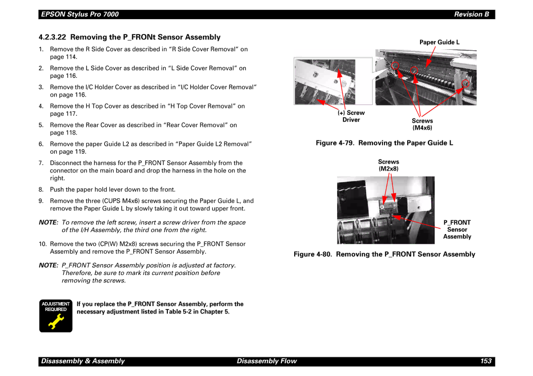 Epson 7000 service manual Removing the PFRONt Sensor Assembly, Screws M2x8 