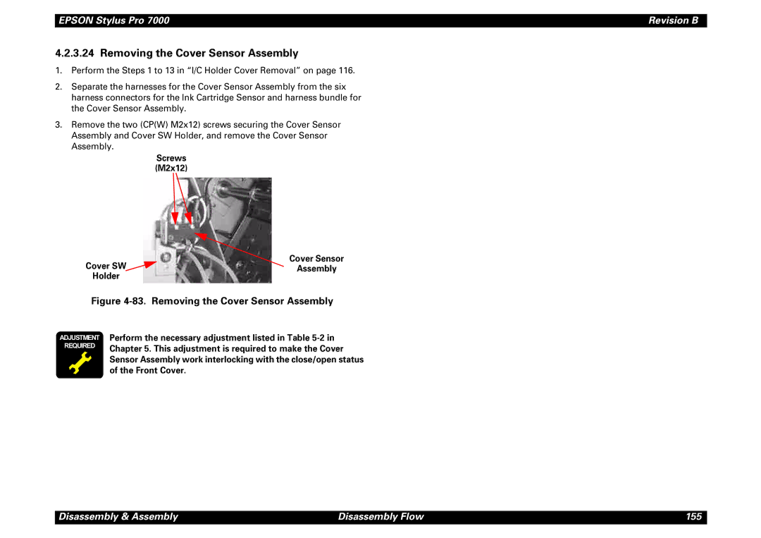 Epson 7000 service manual Removing the Cover Sensor Assembly, Screws M2x12 Cover Sensor Cover SW Assembly Holder 