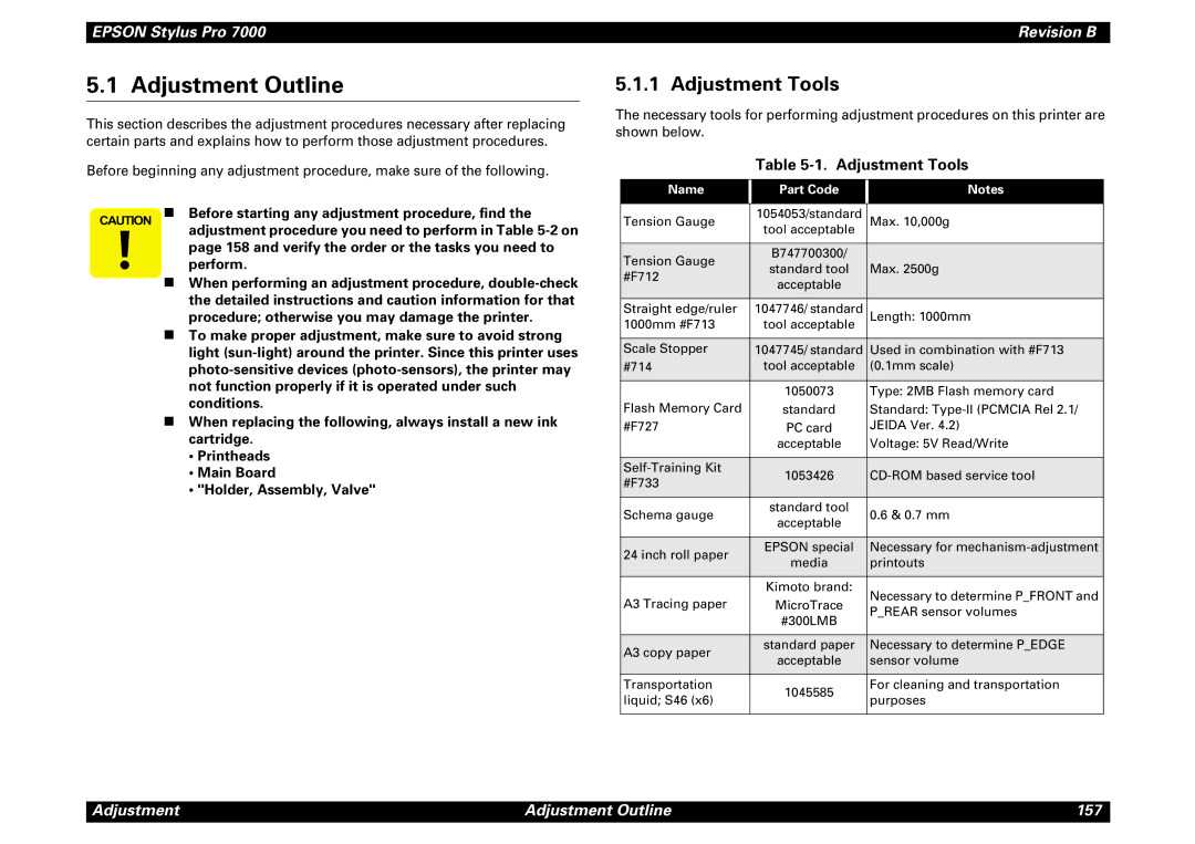 Epson 7000 Adjustment Outline, Adjustment Tools, „ Before starting any adjustment procedure, find, Name Part Code 