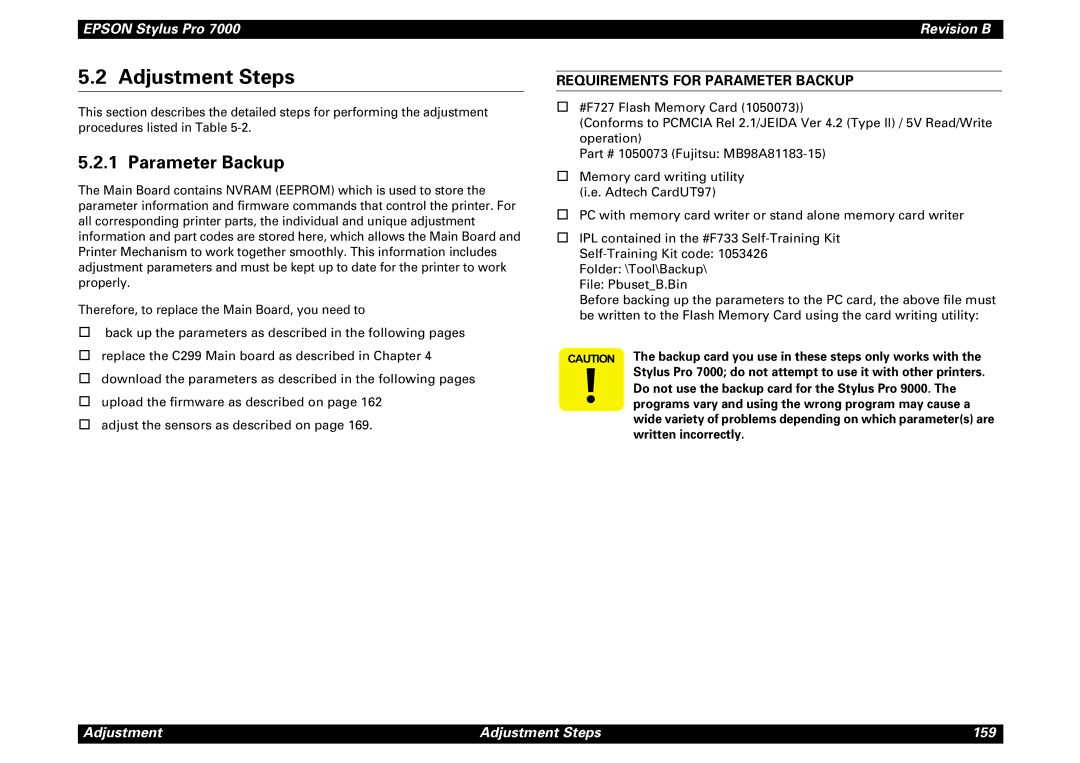 Epson 7000 service manual Adjustment Steps, Requirements for Parameter Backup 