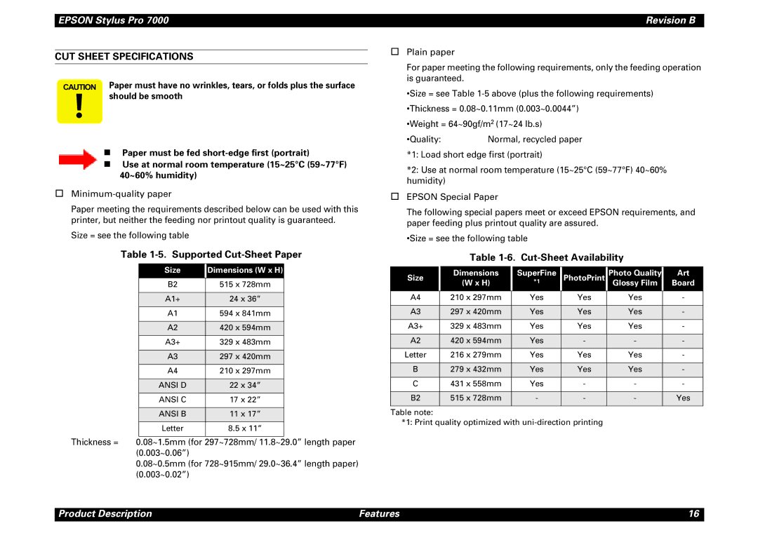 Epson 7000 CUT Sheet Specifications, Supported Cut-Sheet Paper, Cut-Sheet Availability, Size Dimensions W x H 