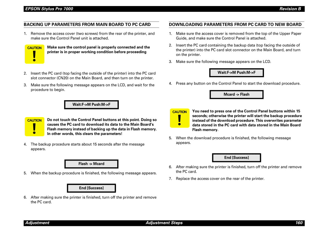 Epson 7000 Backing UP Parameters from Main Board to PC Card, Downloading Parameters from PC Card to NEW Board 