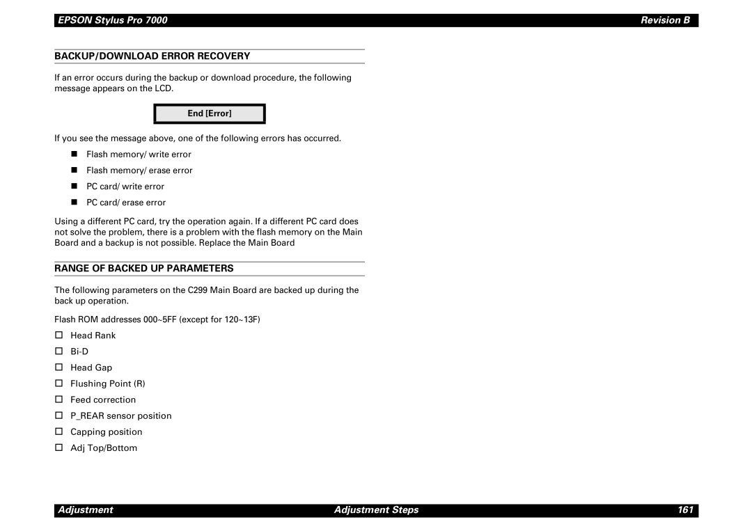 Epson 7000 service manual BACKUP/DOWNLOAD Error Recovery, Range of Backed UP Parameters, End Error 