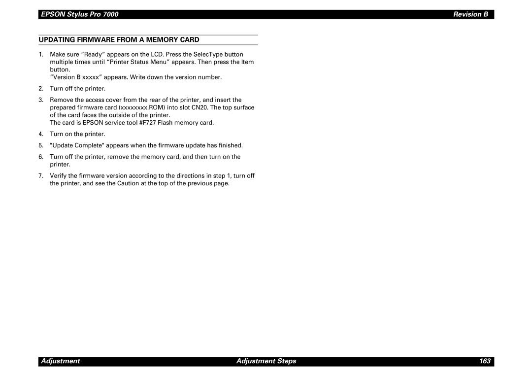 Epson 7000 service manual Updating Firmware from a Memory Card 