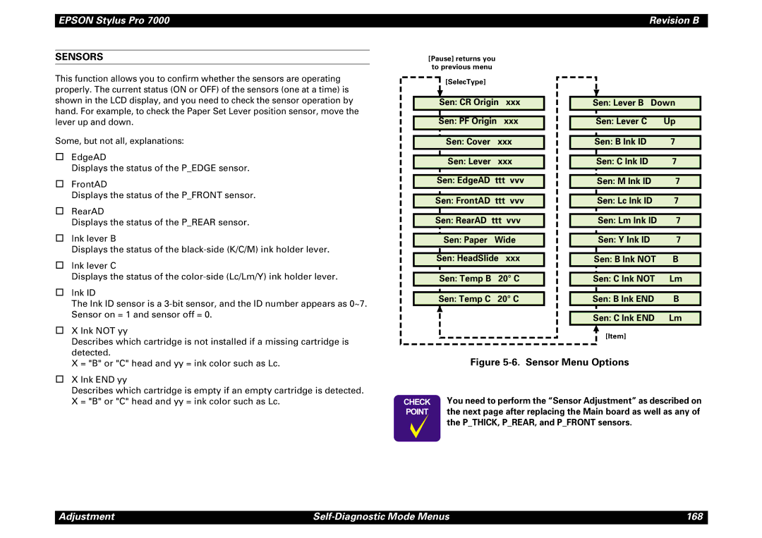 Epson 7000 service manual Sensors, Sensor Menu Options 