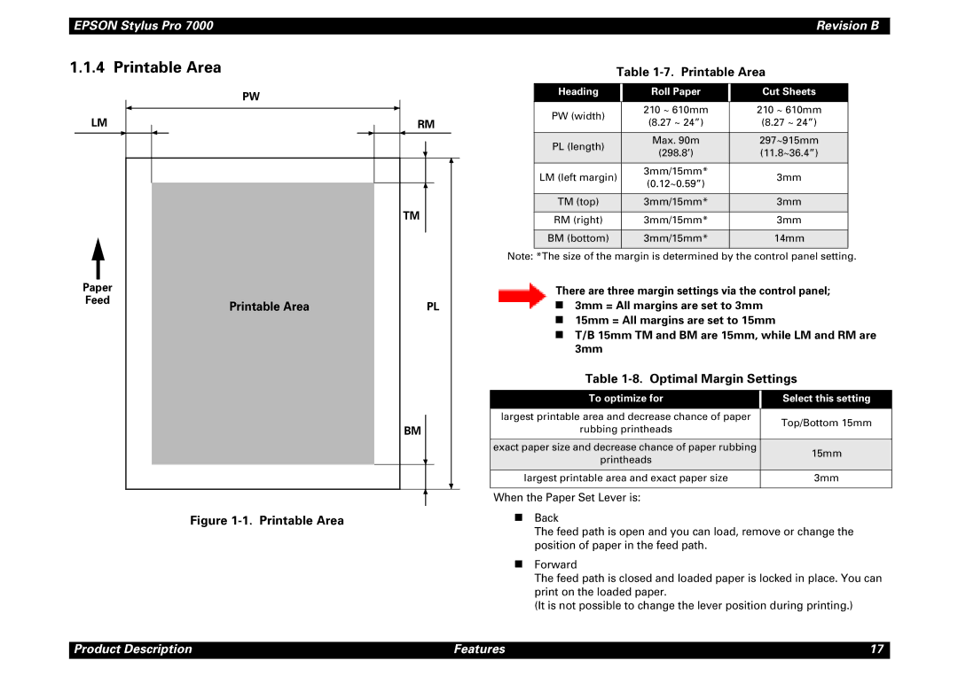 Epson 7000 service manual Printable Area, Optimal Margin Settings 