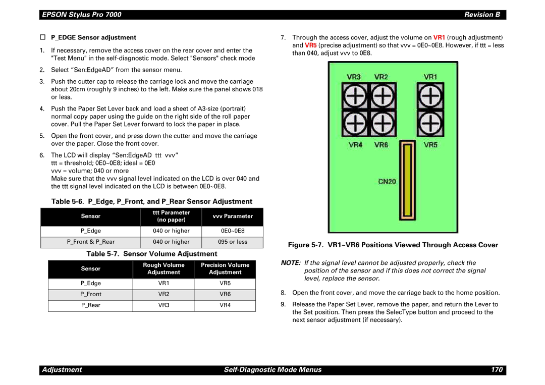 Epson 7000 service manual PEdge, PFront, and PRear Sensor Adjustment, Sensor Volume Adjustment, † Pedge Sensor adjustment 