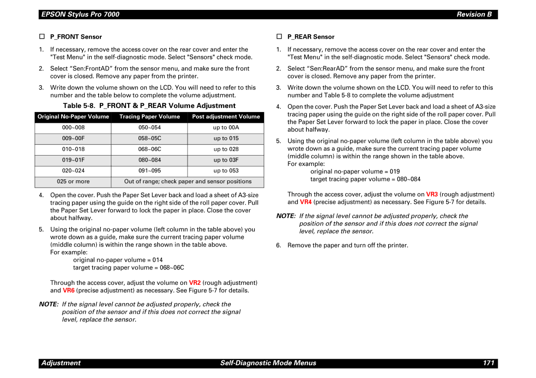 Epson 7000 service manual Pfront & Prear Volume Adjustment, † Pfront Sensor † Prear Sensor 