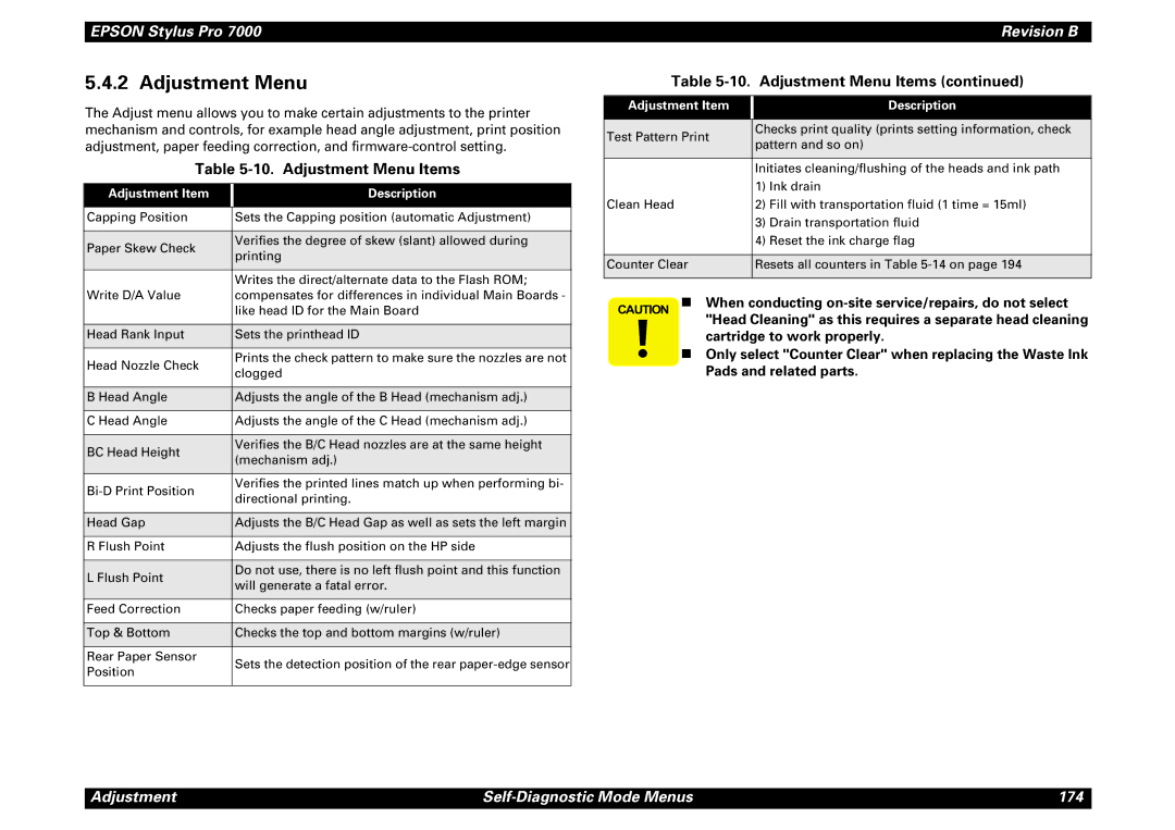 Epson 7000 service manual Adjustment Menu Items, Adjustment Item Description 