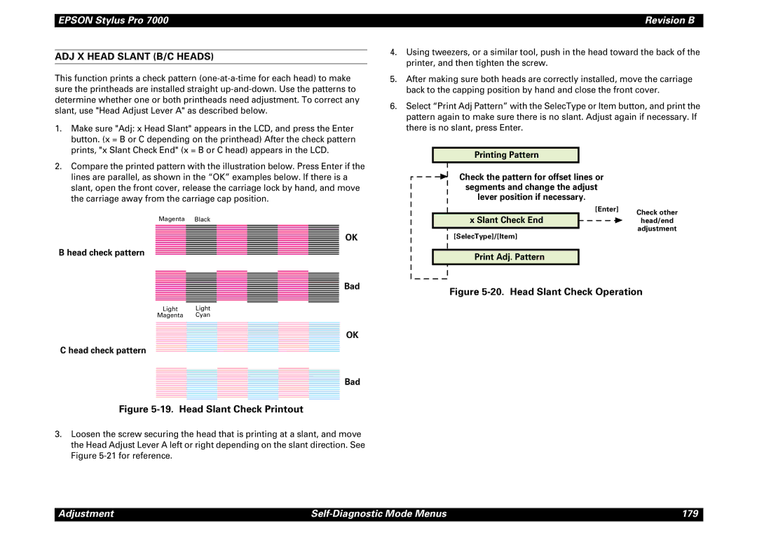 Epson 7000 service manual ADJ X Head Slant B/C Heads, Head check pattern Bad, Slant Check End 