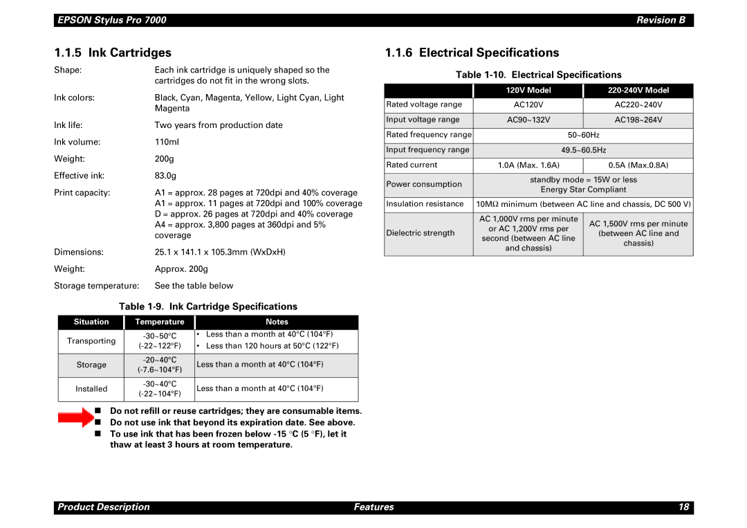 Epson 7000 service manual Ink Cartridges, Electrical Specifications, Situation Temperature, 120V Model 220-240V Model 