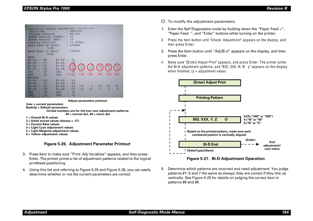 Epson 7000 service manual Enter Adjust Print Printing Pattern, BiD, XXX, Y, Z O Y=N or M, Bi-D End 