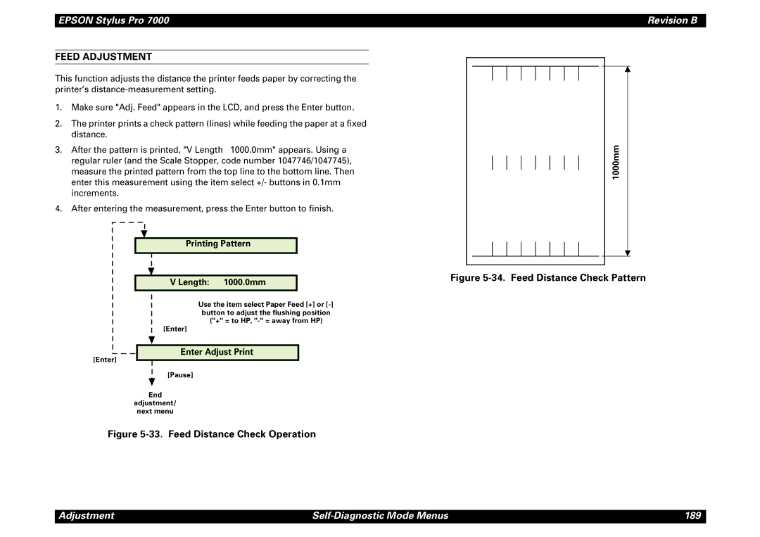 Epson 7000 service manual Feed Adjustment, Printing Pattern Length 1000.0mm, Enter Adjust Print, 1000mm 