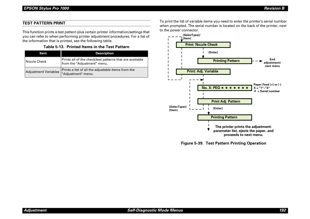 Epson 7000 service manual Test Pattern Print, Printed Items in the Test Pattern, Print Nozzle Check, Print Adj. Variable 