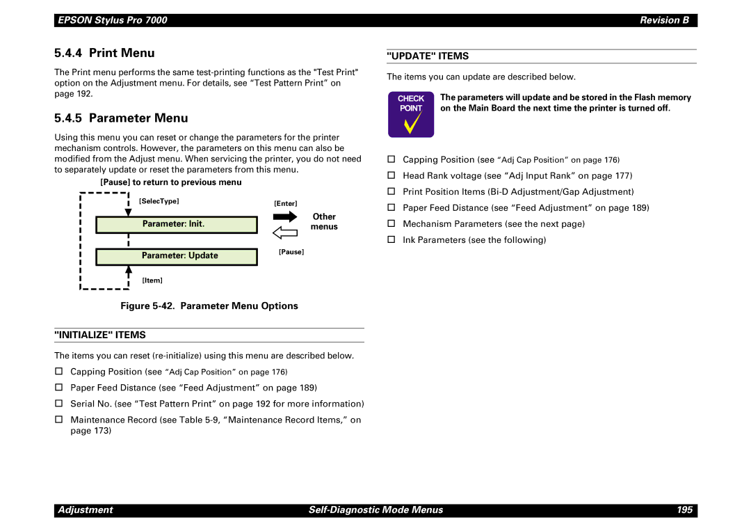 Epson 7000 service manual Print Menu, Parameter Menu, Initialize Items, Update Items 